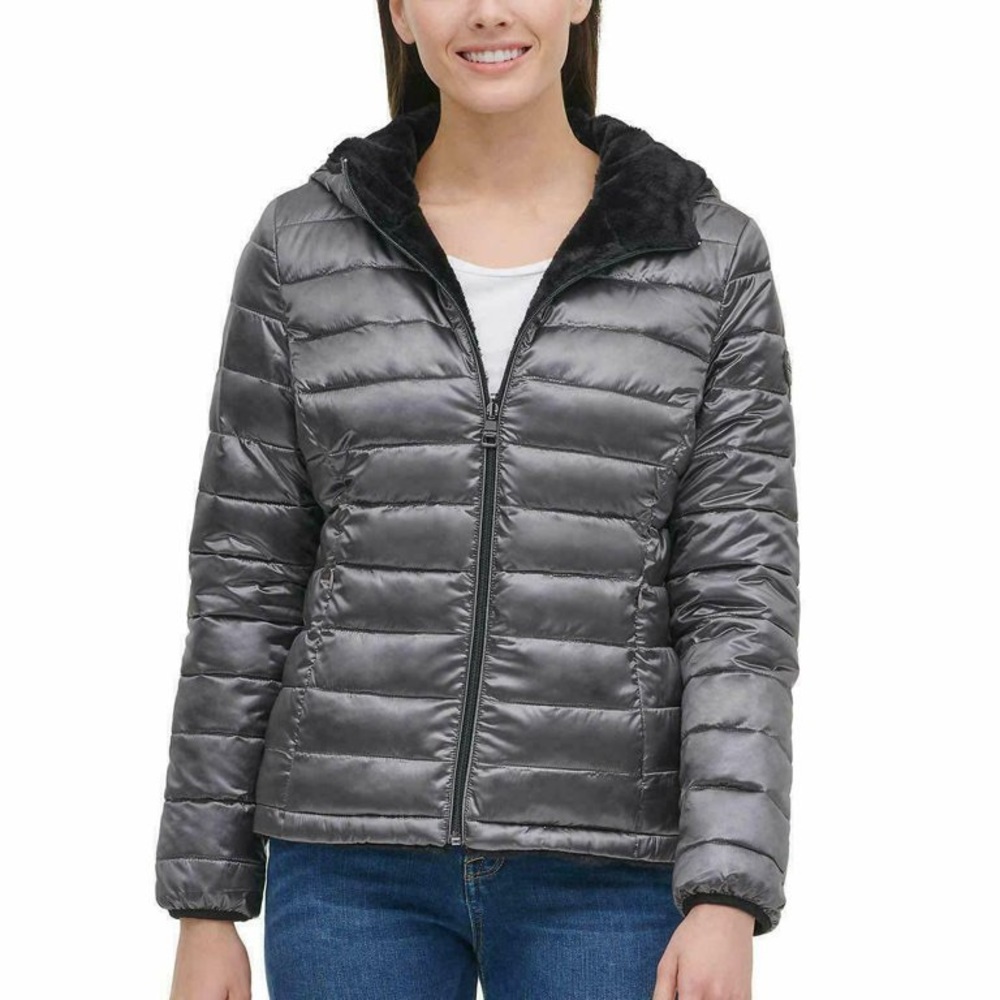 Andrew Marc Ladies' Ultra Soft Attached Hood Reversible Jacket, Shine Granite